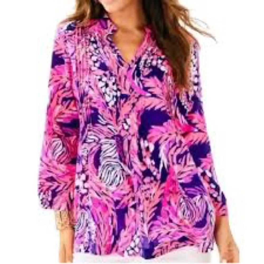 Lilly Pulitzer Sarasota Tunic Top Bright Pink Navy Jungle Print XS - Picture 2 of 7